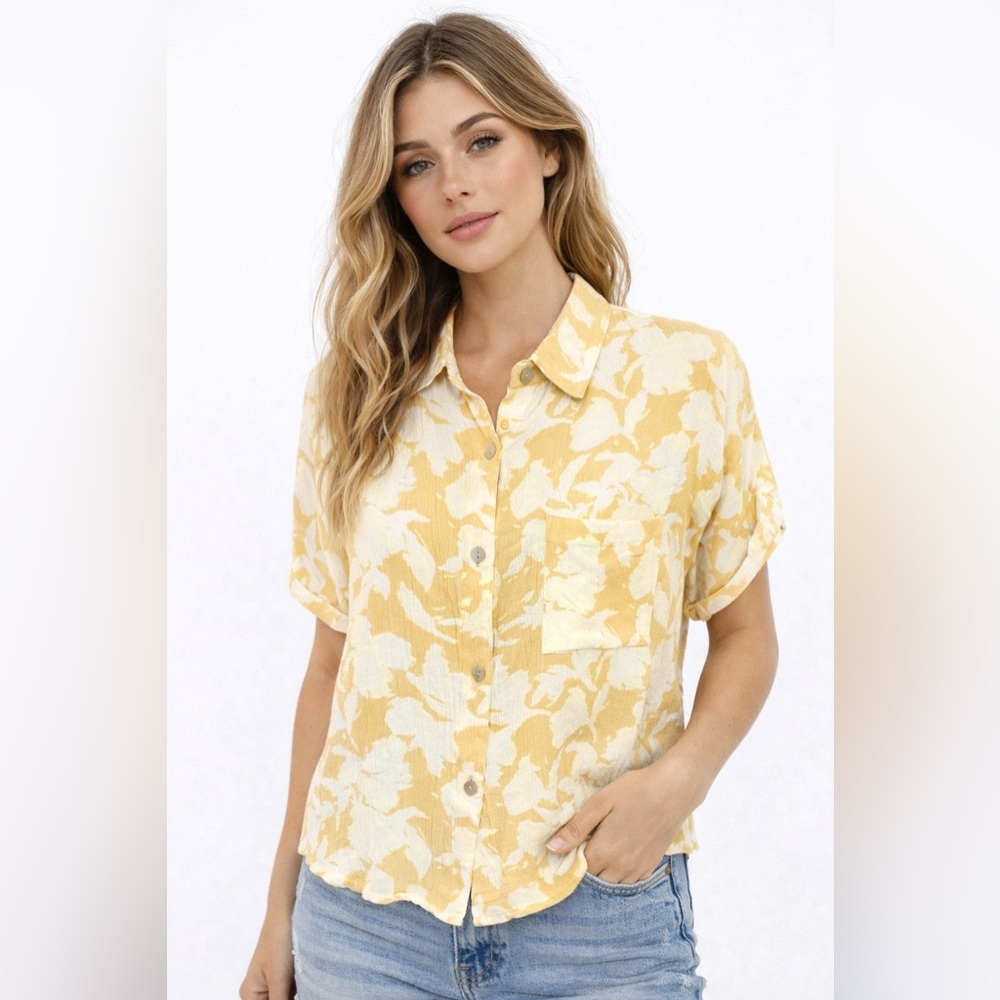 The Normal Brand Yellow Floral Button Up Blouse Oversized Boho Lightweight Top